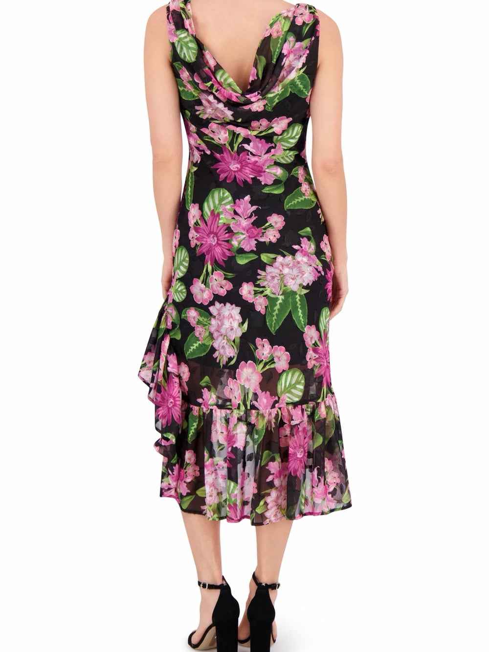 Kensie Black Midi Dress with Pink Floral Print
