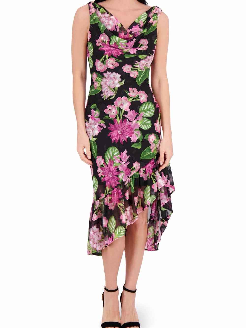 Kensie Black Midi Dress with Pink Floral Print