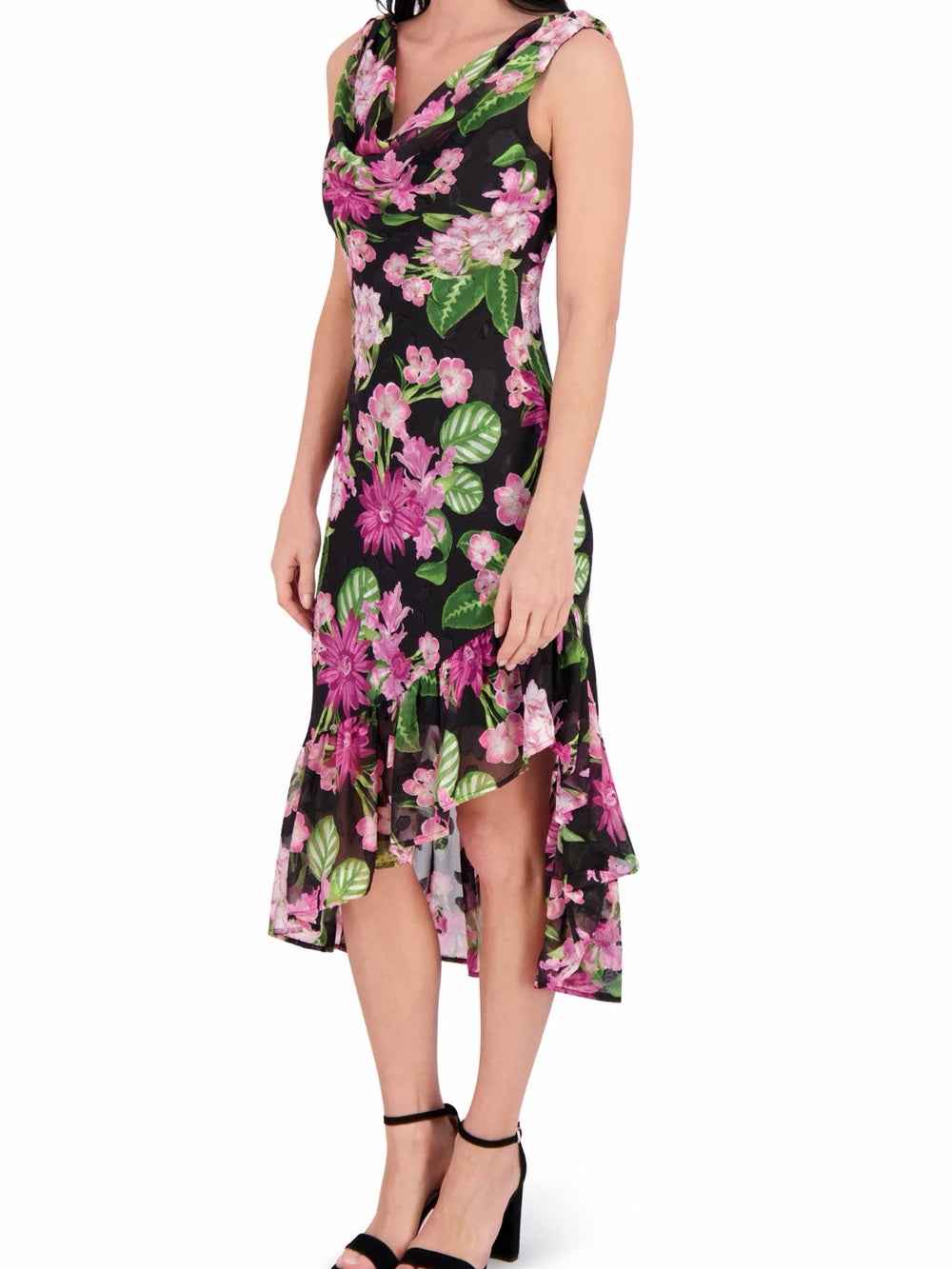 Kensie Black Midi Dress with Pink Floral Print
