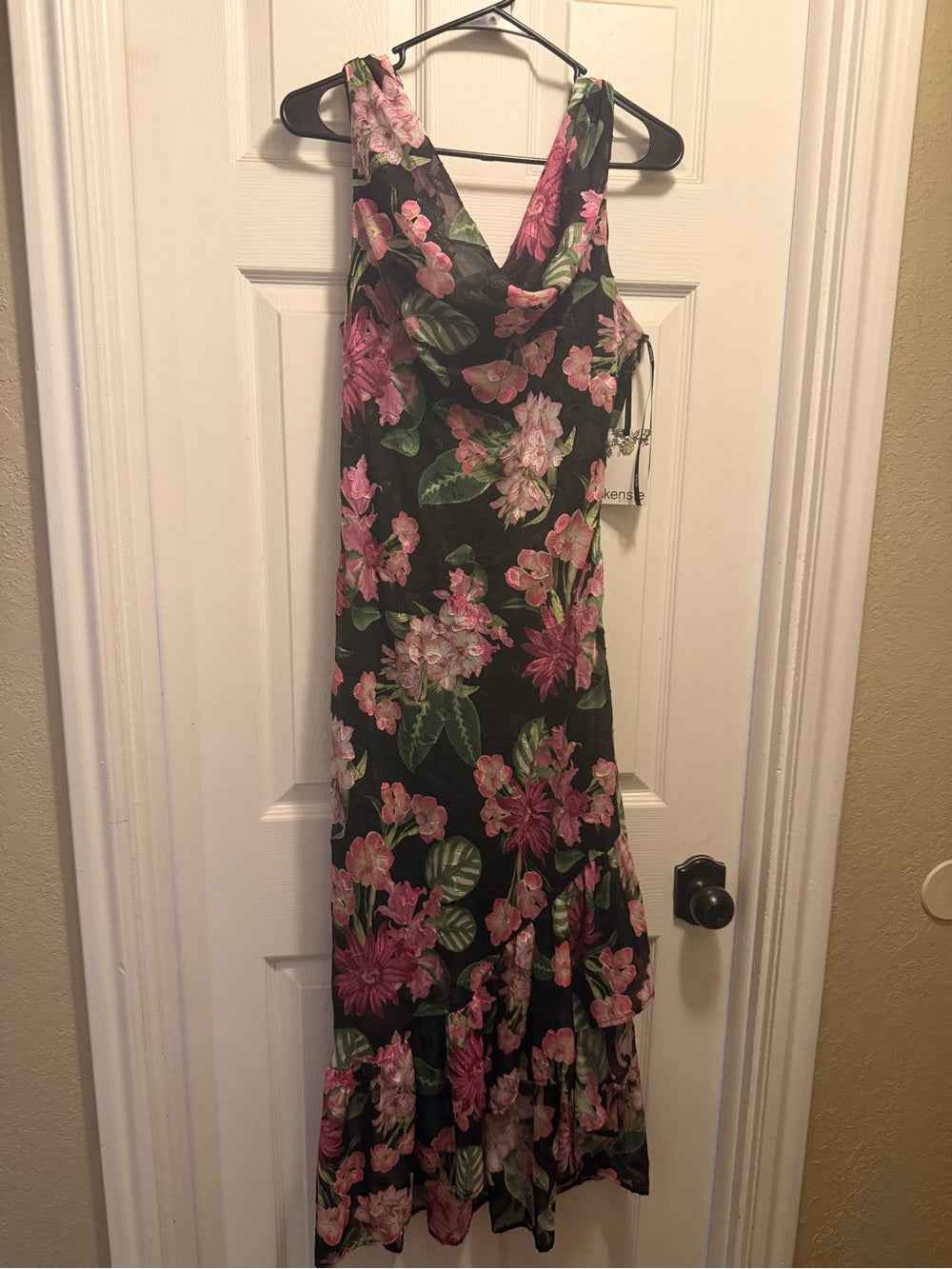 Kensie Black Midi Dress with Pink Floral Print