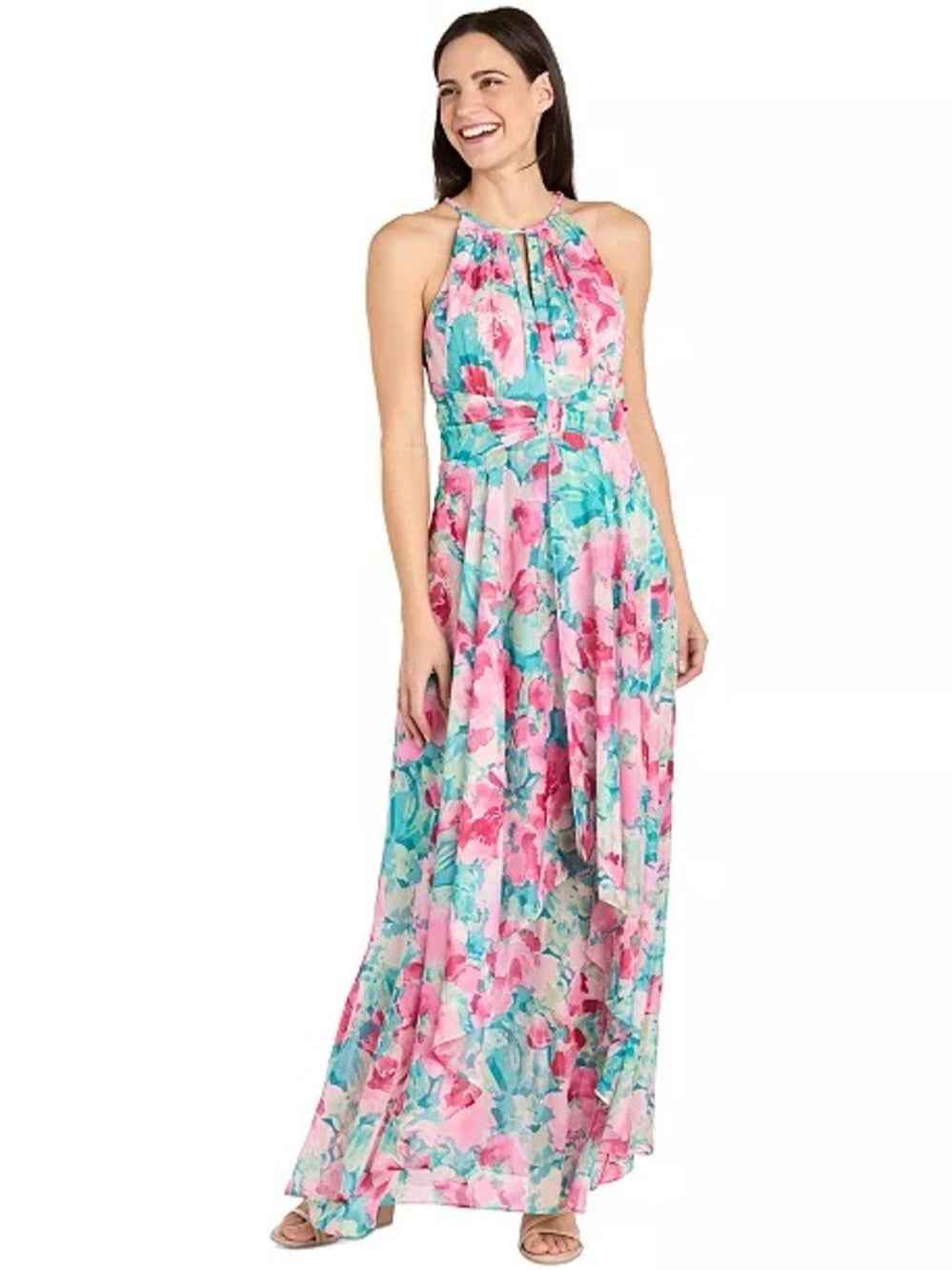 R & M Richards Pink & Teal Floral Halter Maxi Dress