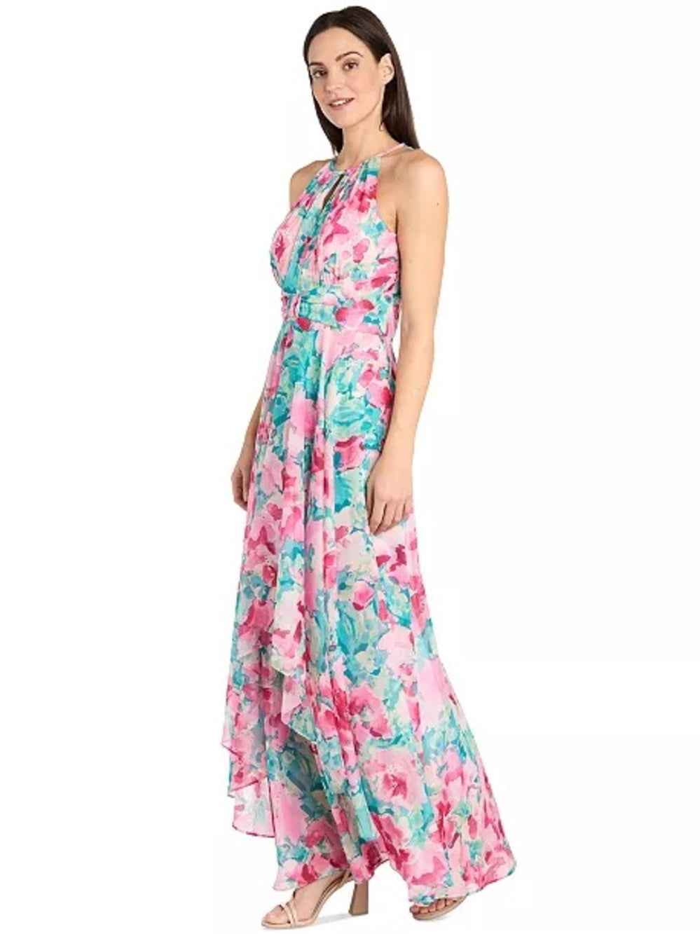 R & M Richards Pink & Teal Floral Halter Maxi Dress