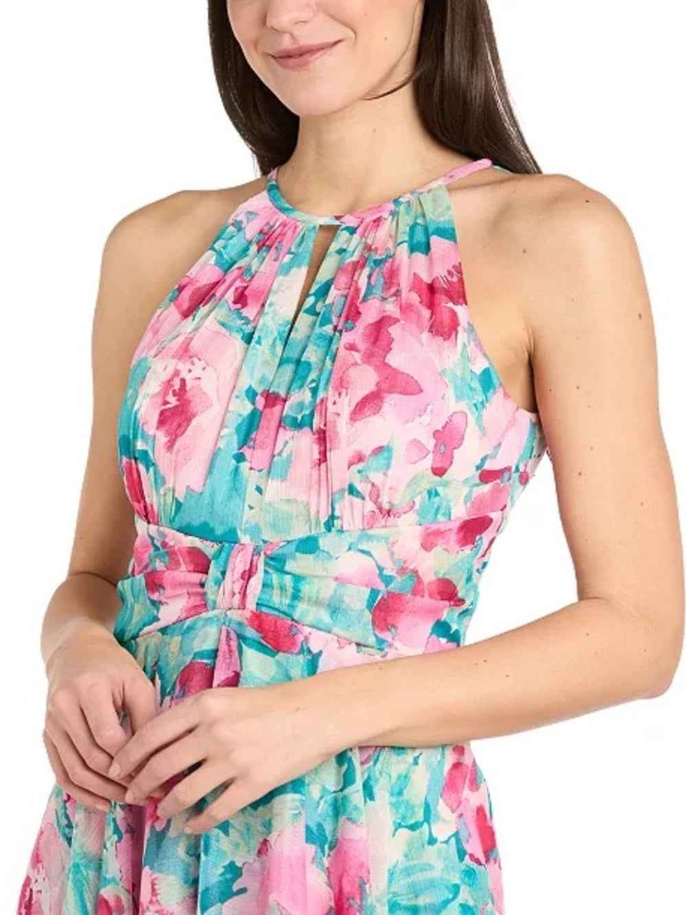 R & M Richards Pink & Teal Floral Halter Maxi Dress