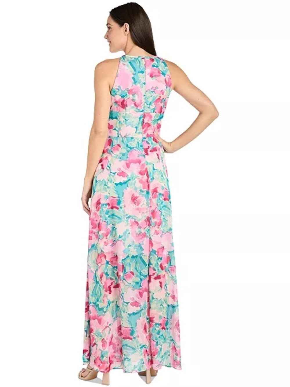 R & M Richards Pink & Teal Floral Halter Maxi Dress