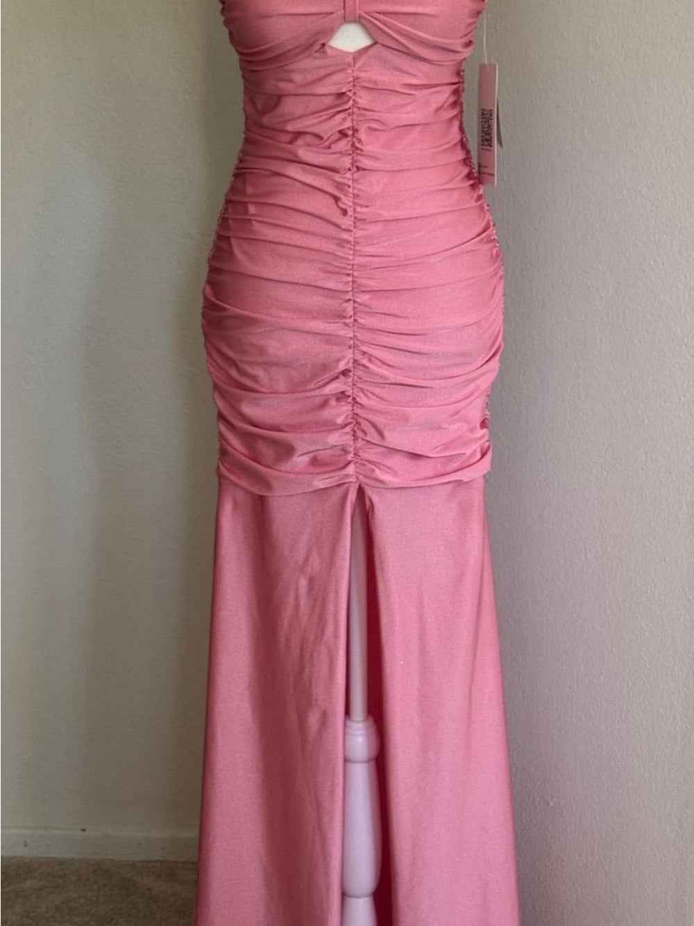 Emerald Sundae Strapless Pink Ruched Cutout Maxi Gown