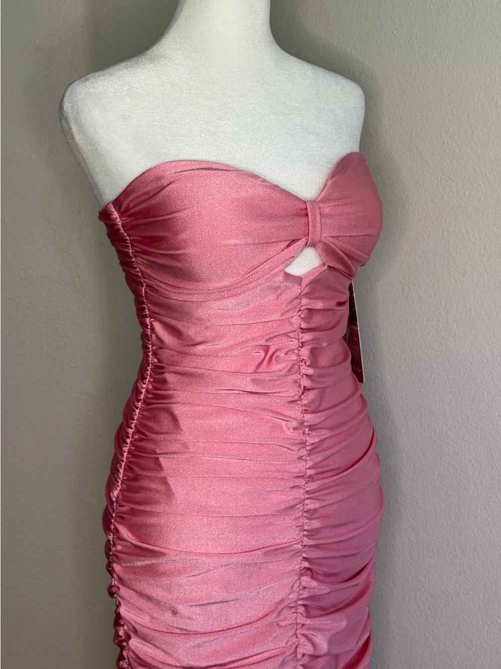 Emerald Sundae Strapless Pink Ruched Cutout Maxi Gown