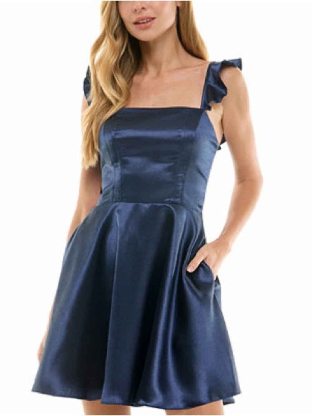 City Studio Navy Satin Square-Neck Mini Dress with Ruffle Straps