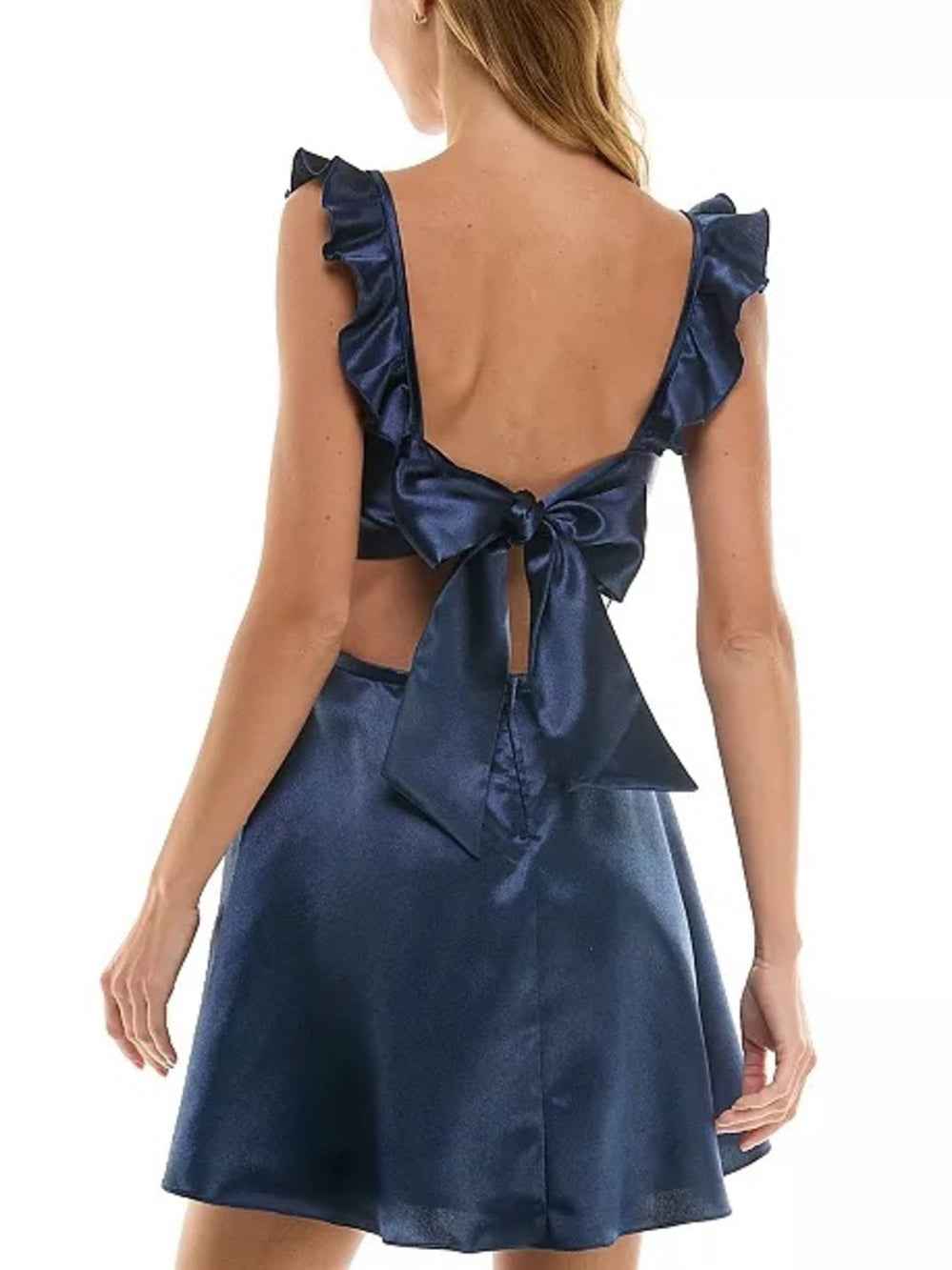 City Studio Navy Satin Square-Neck Mini Dress with Ruffle Straps