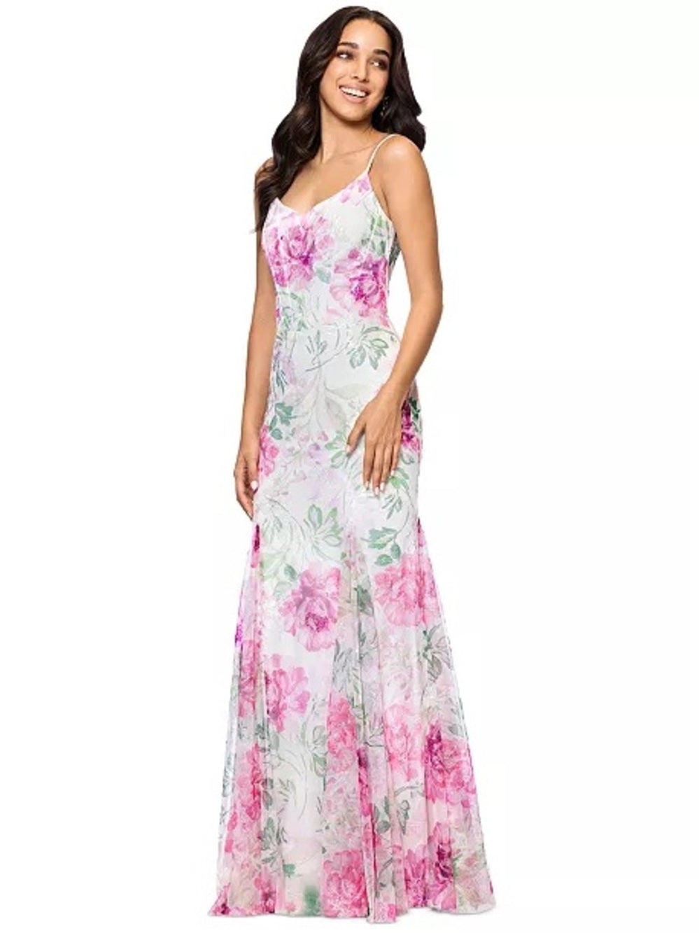 Betsy & Adam Pink Floral Spaghetti-Strap Maxi Dress