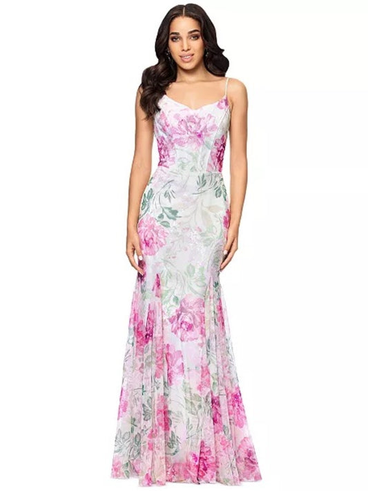 Betsy & Adam Pink Floral Spaghetti-Strap Maxi Dress