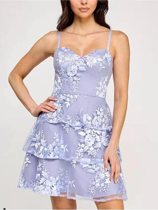 BCX Lavender Floral Embroidered Tiered Mini Dress
