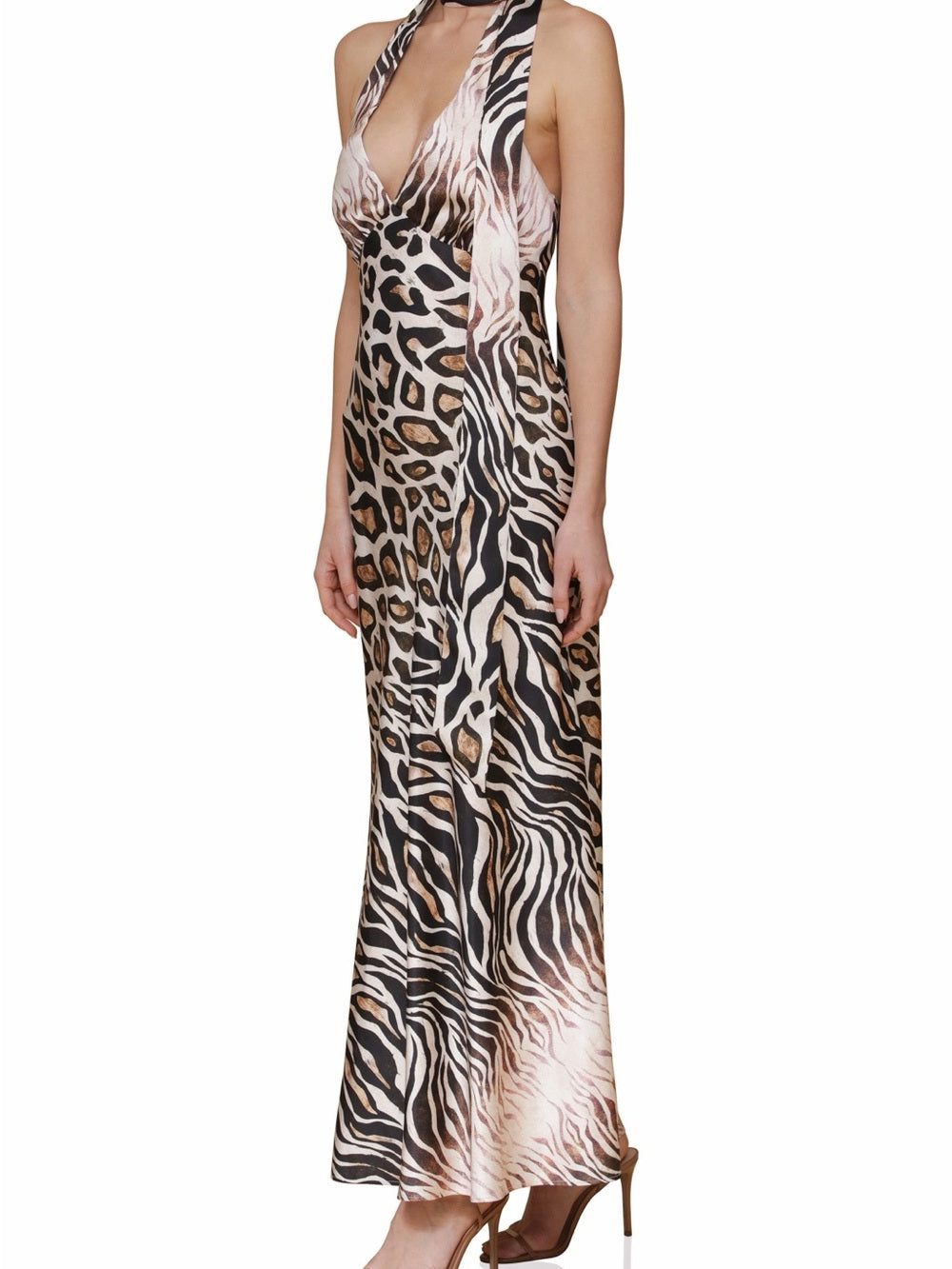 Avec Les Filles scarf tie neck Animal-Print Halter Maxi Dress in Brown and Black