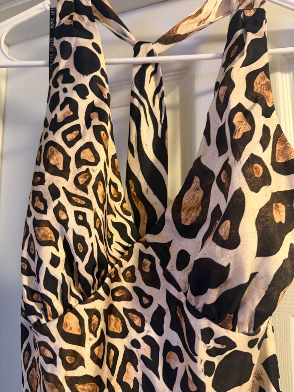 Avec Les Filles scarf tie neck Animal-Print Halter Maxi Dress in Brown and Black