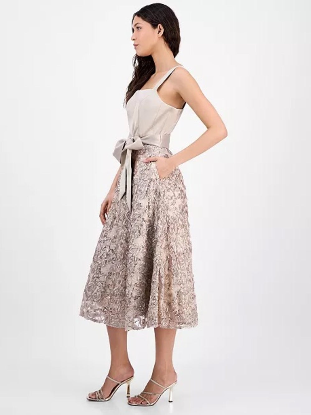Tahari Cream Lace-Embellished Midi Dress with Satin Bow