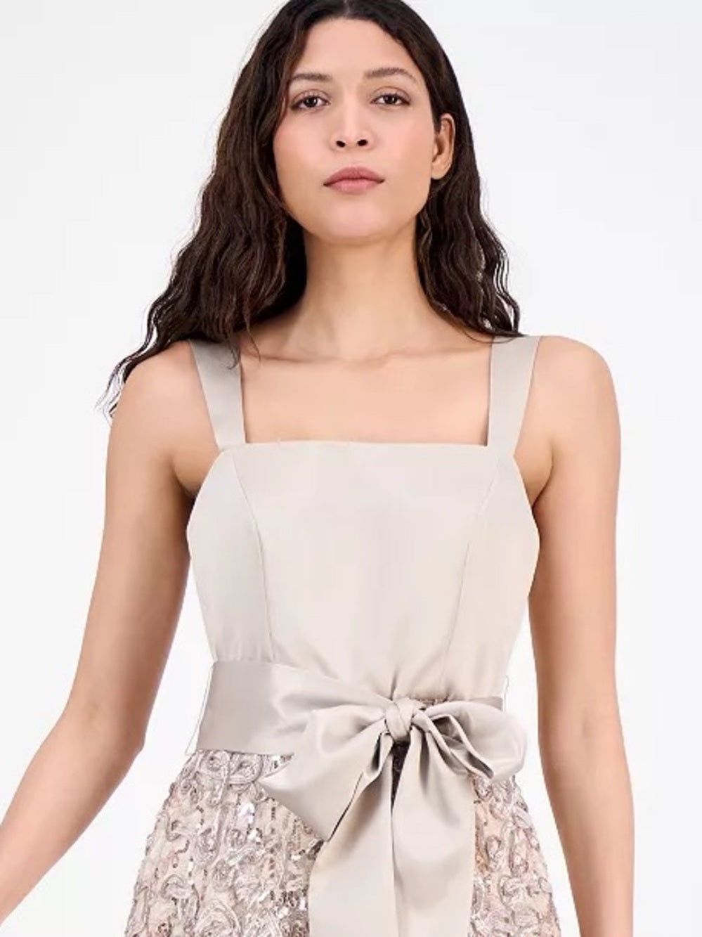 Tahari Cream Lace-Embellished Midi Dress with Satin Bow