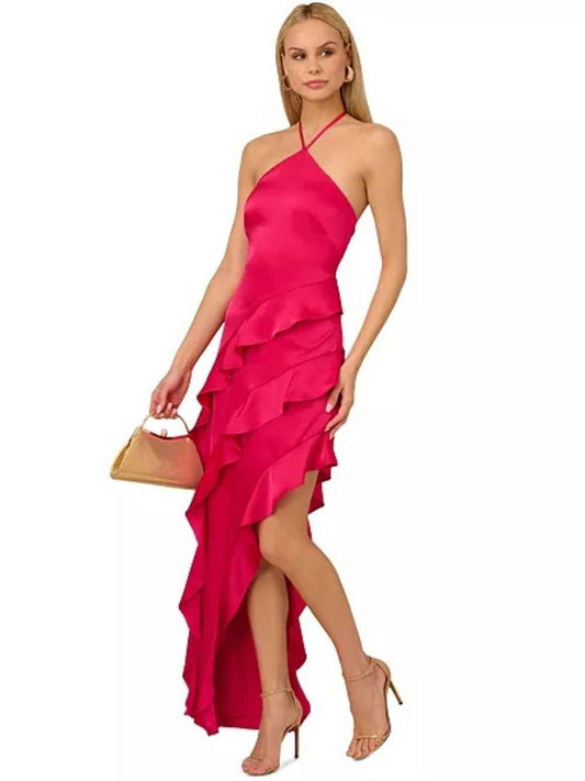 Adrianna Papell Hot Pink Midi Dress – Elevate Your Elegance with a Striking Halter Design