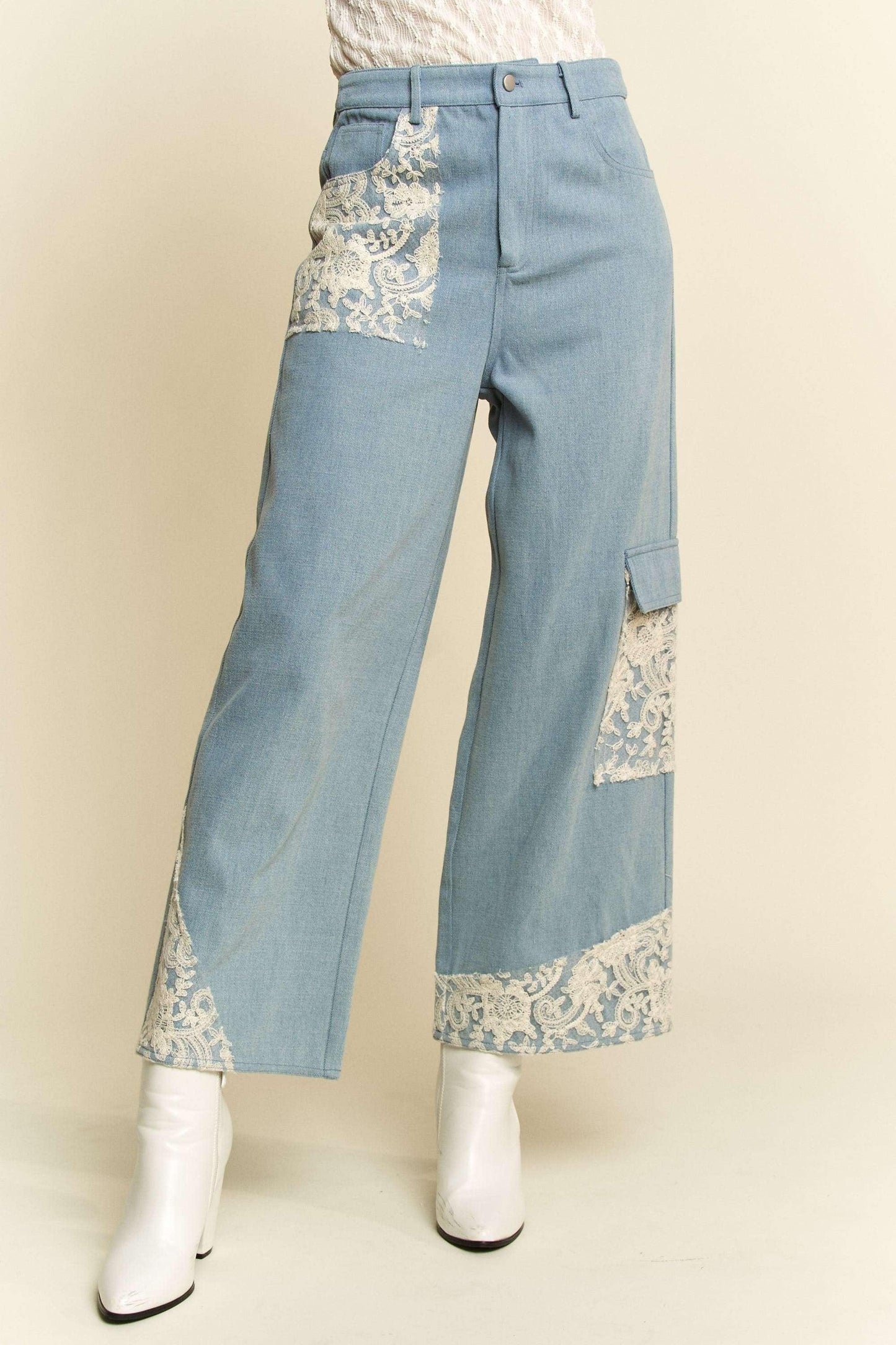 Lace Applique Wide Leg Jeans - Wildflower Hippies