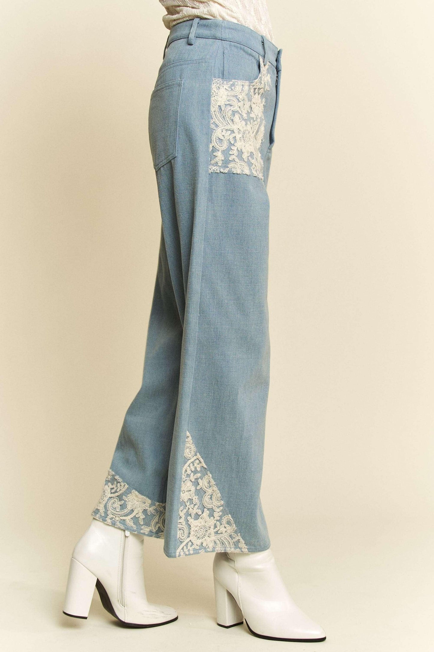 Lace Applique Wide Leg Jeans - Wildflower Hippies