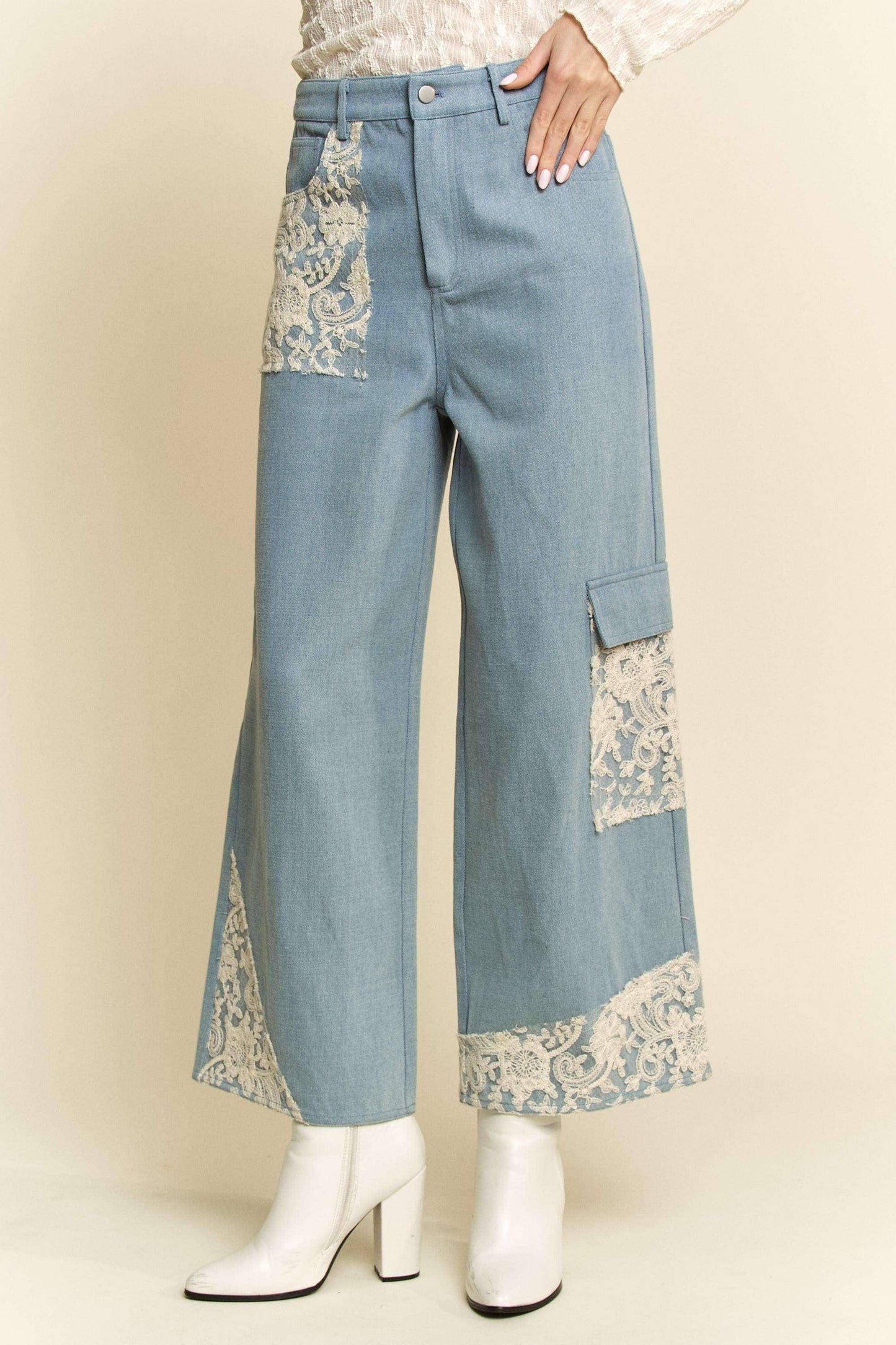 Lace Applique Wide Leg Jeans - Wildflower Hippies