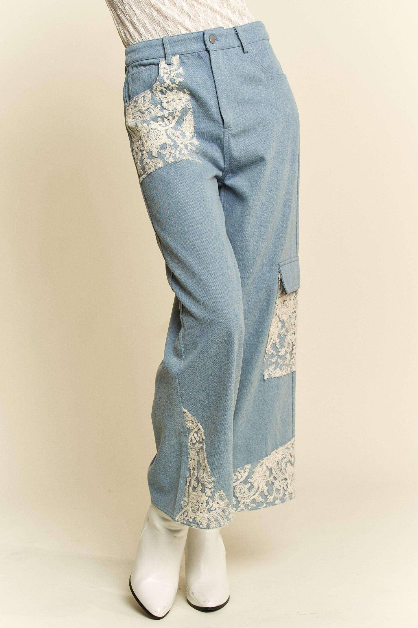 Lace Applique Wide Leg Jeans - Wildflower Hippies