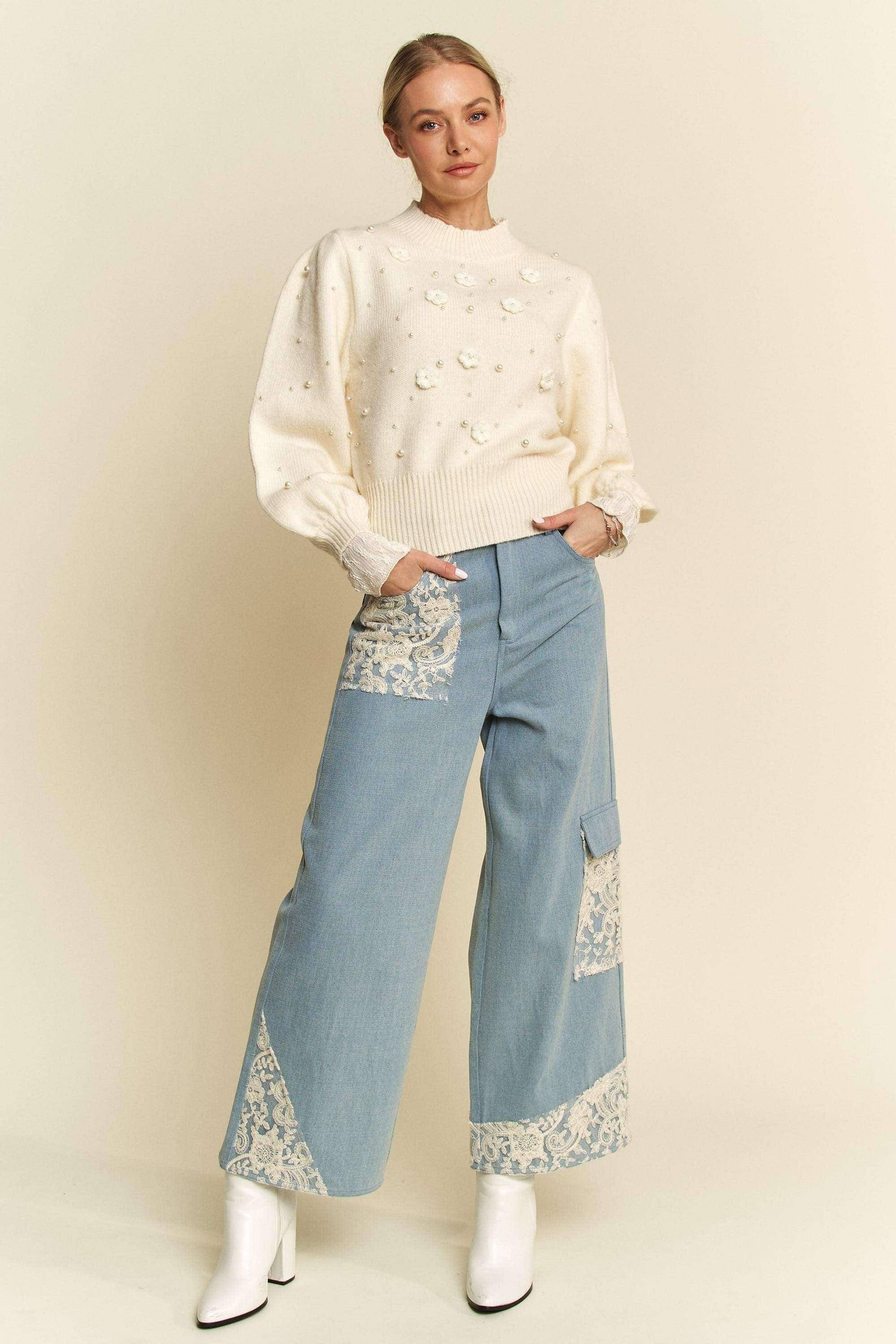 Lace Applique Wide Leg Jeans - Wildflower Hippies