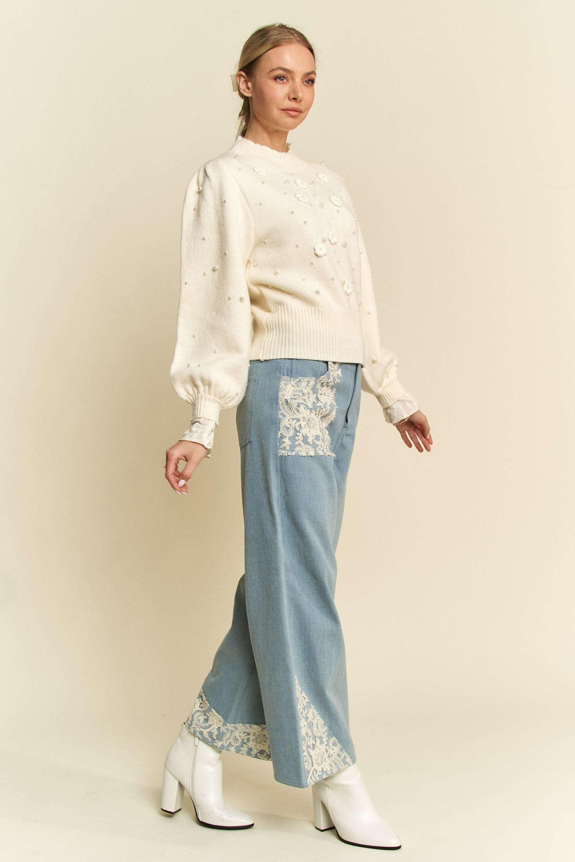 Lace Applique Wide Leg Jeans - Wildflower Hippies