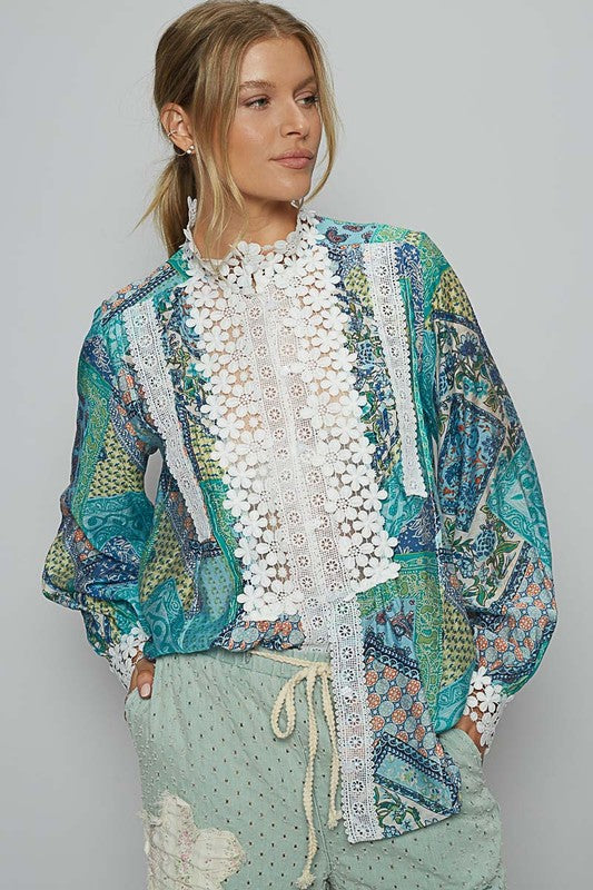 Lace Detail Printed Button Down Shirt - Wildflower Hippies