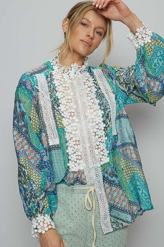 Lace Detail Printed Button Down Shirt - Wildflower Hippies