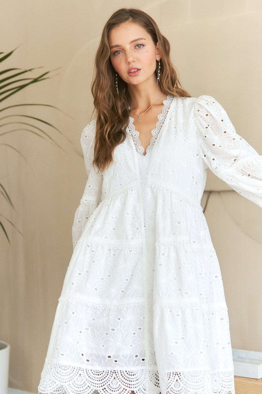 Lace Detail Tiered Eyelet V-Neck Babydoll Dress - Wildflower Hippies