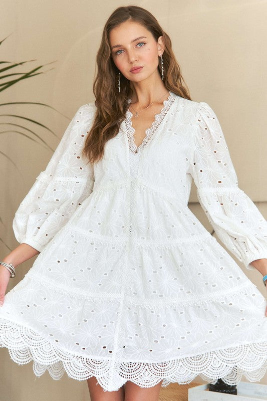 Lace Detail Tiered Eyelet V-Neck Babydoll Dress - Wildflower Hippies