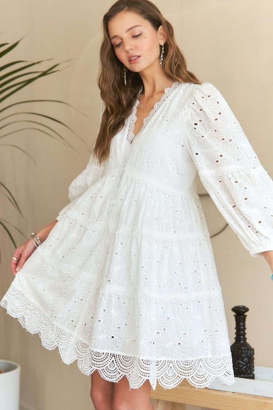 Lace Detail Tiered Eyelet V-Neck Babydoll Dress - Wildflower Hippies