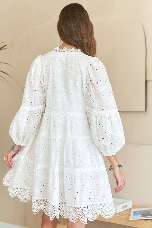 Lace Detail Tiered Eyelet V-Neck Babydoll Dress - Wildflower Hippies