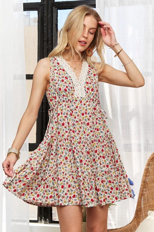 Lace Detail V-Neck Sleeveless Mini Dress - Wildflower Hippies