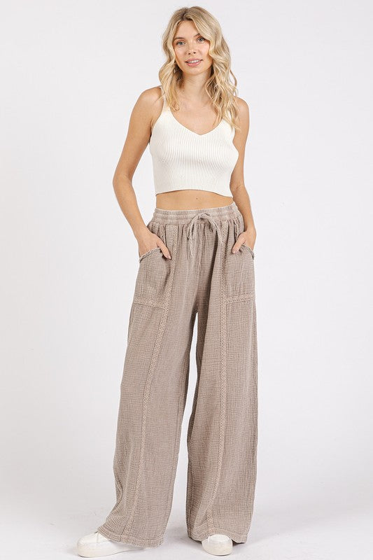 Lace Trim Detail Elastic Waist Cotton Gauze Pants - Wildflower Hippies