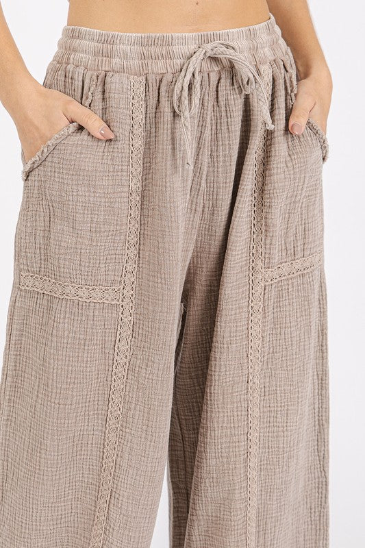 Lace Trim Detail Elastic Waist Cotton Gauze Pants - Wildflower Hippies