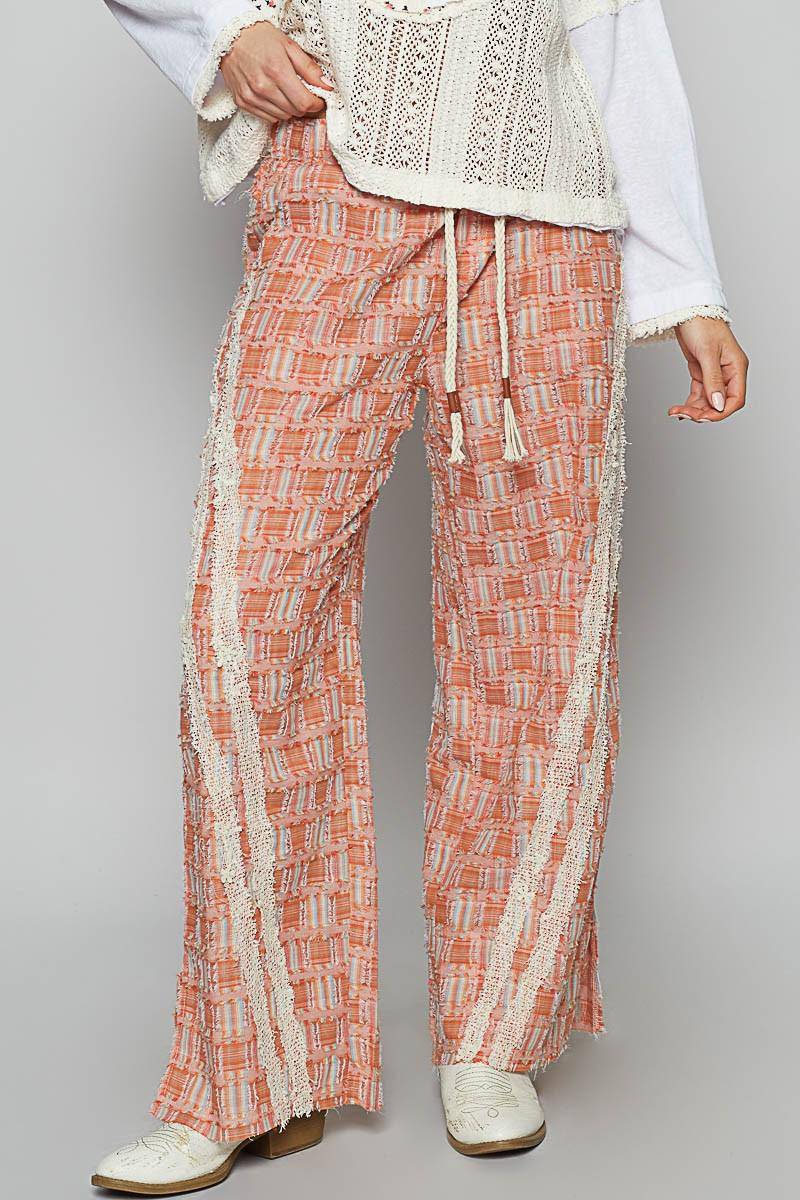 Lace Trim Drawstring Checkered Wide Leg Pants - Wildflower Hippies