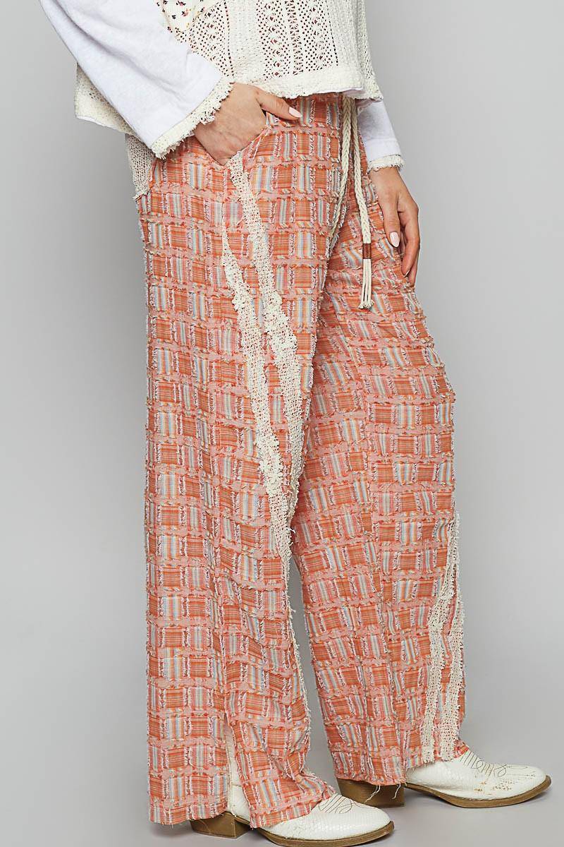 Lace Trim Drawstring Checkered Wide Leg Pants - Wildflower Hippies