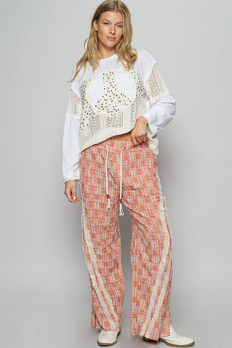 Lace Trim Drawstring Checkered Wide Leg Pants - Wildflower Hippies