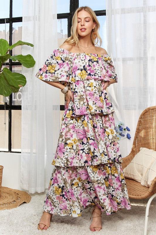 Layered Floral Off-Shoulder Short Sleeve Maxi Dress - Wildflower Hippies