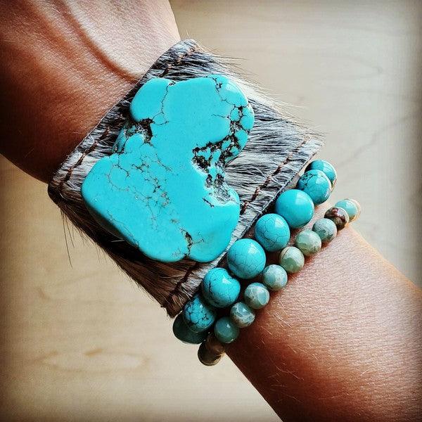 Leather cuff gray hair on hide w/ turquoise stone - Wildflower Hippies