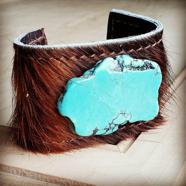 Leather Cuff Leather Tie Brown and Turquoise Slab - Wildflower Hippies