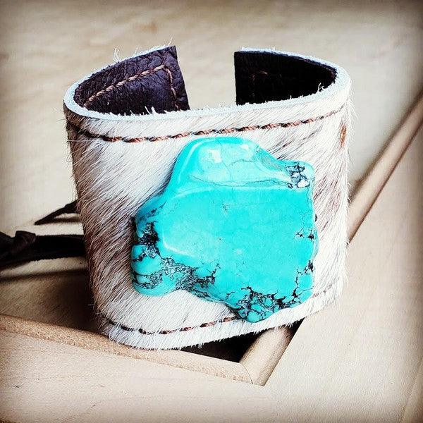 Leather Cuff -Spotted Hair Hide w/ Turquoise Slab - Wildflower Hippies