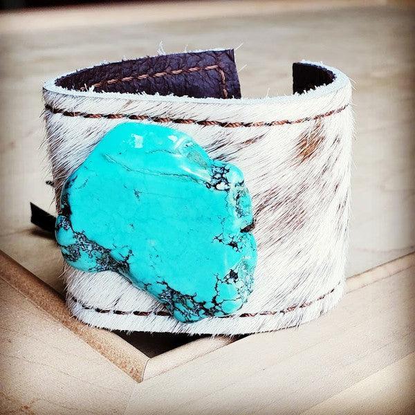 Leather Cuff -Spotted Hair Hide w/ Turquoise Slab - Wildflower Hippies