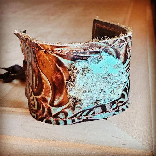 Leather Cuff Turquoise Brown Floral w/ Turq Slab - Wildflower Hippies