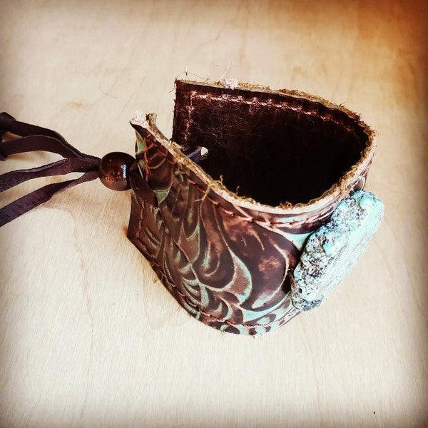 Leather Cuff Turquoise Brown Floral w/ Turq Slab - Wildflower Hippies