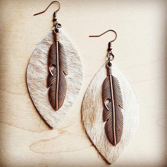Leather Oval Earrings in Hair with Copper Feather - Wildflower Hippies