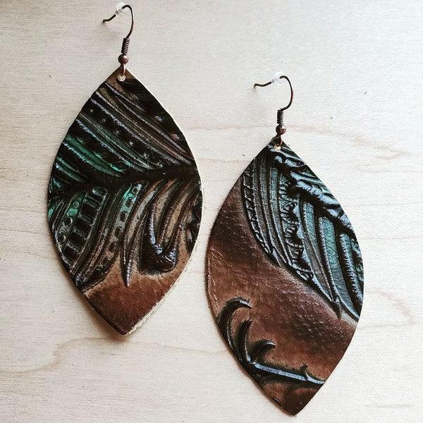 Leather Oval Earrings in Tan/Turquoise Feathers - Wildflower Hippies