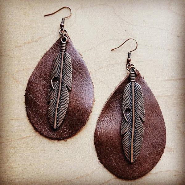 Leather Teardrop Earrings Brown w/ Copper Feather - Wildflower Hippies