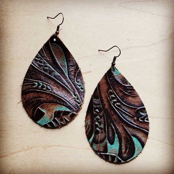 Leather Teardrop Earrings in Turq Brown Floral - Wildflower Hippies