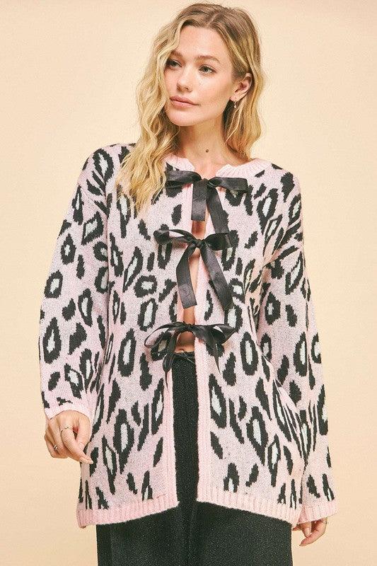 Leopard Ribbon Tie Front Loose Fit Cardigan - Wildflower Hippies